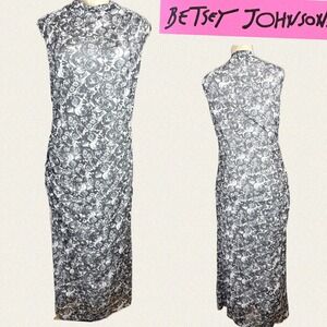 Betsey Johnson XL Black Mesh Rose Print Fitted Sleeveless Mock Neck Midi Dress